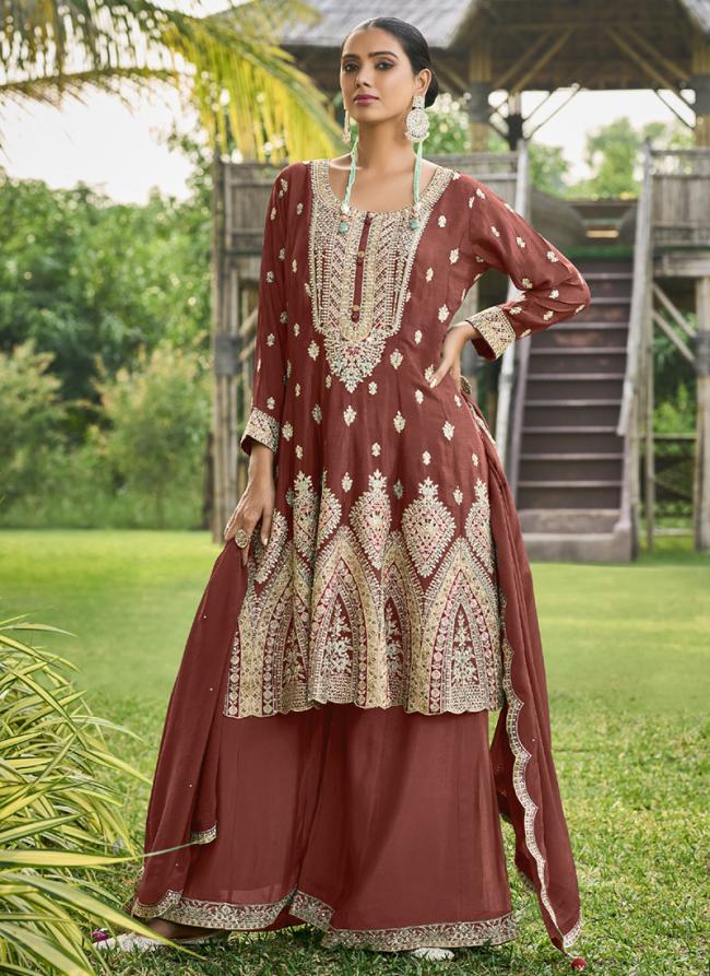 Pure Chinnon Rust Eid Wear Embroidery Work Readymade Sharara Suit